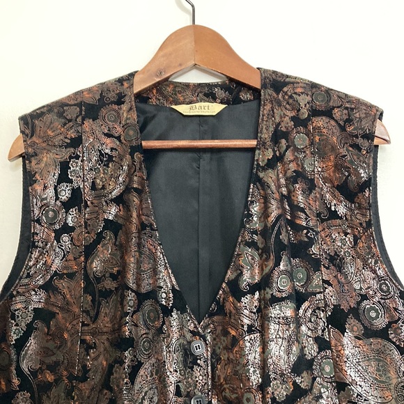 Vintage Vest Womens 10 Black Velour Red Faux Leather Paisley Goth 90s Waistcoat - Picture 3 of 12